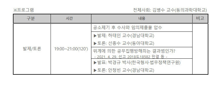 공동학술대회 프로그램 테이블 이미지입니다. 아래의 글을 참조해주세요