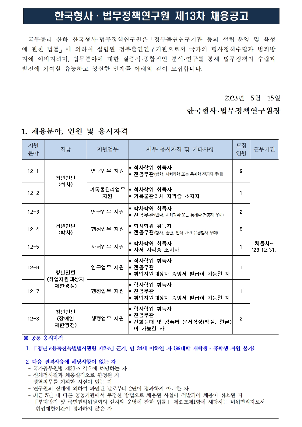 2023년도 제13차 채용공고 청년인턴에 관한 인원 및 응시자격에 대한 내용 : 자세한 사항은 하단 내용 참조